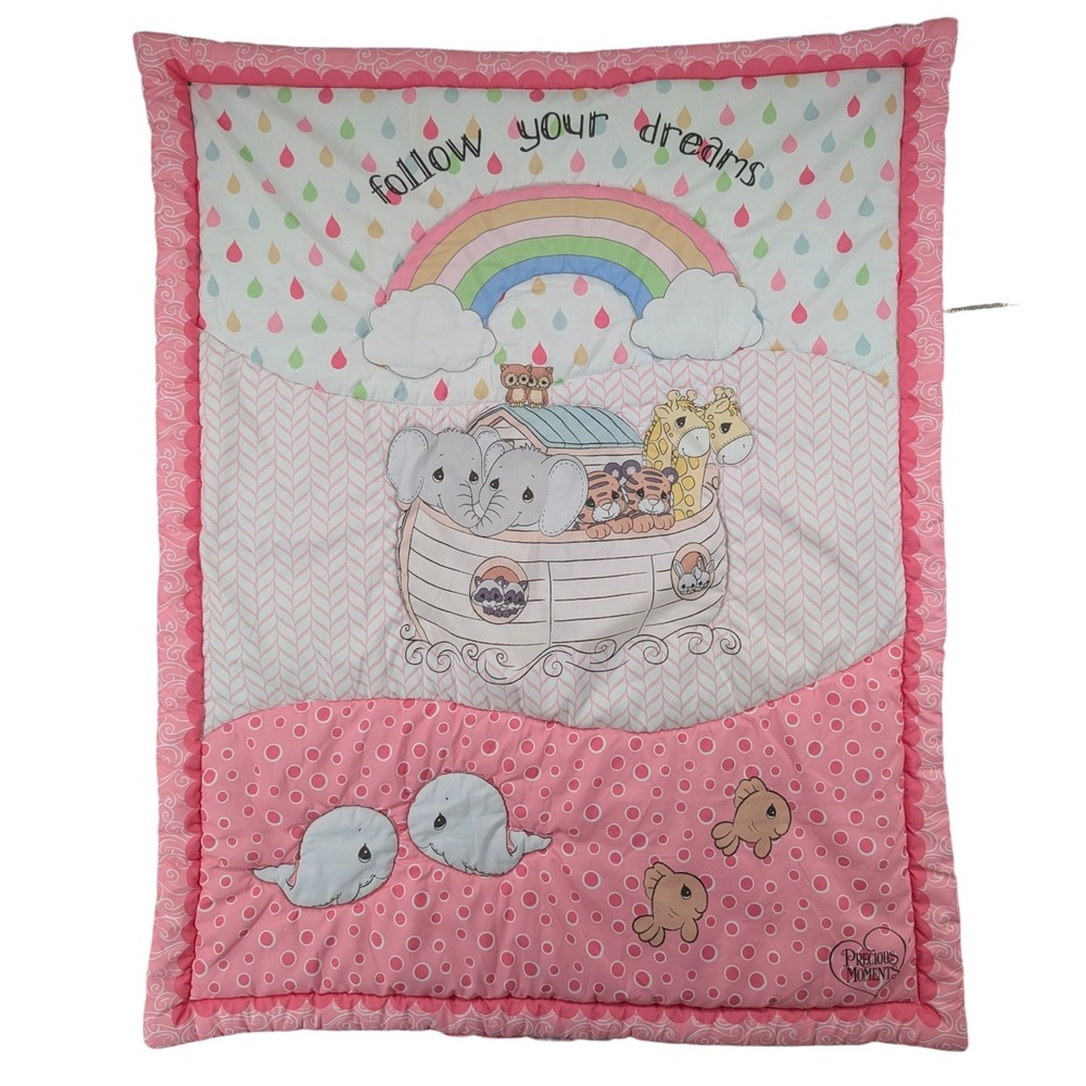 Precious Moments Noahs Ark Baby Quilt Pink Rainbow Animals Nursery Blanket 34x41